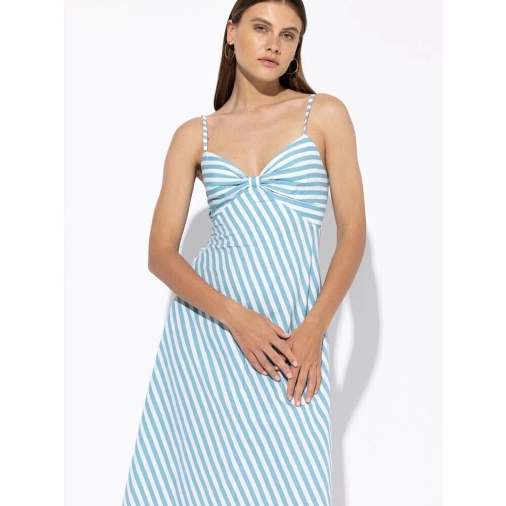 Lusana Blue White Stripe Midi Dress Smocked Beachy Resort Cotton Size 6-8 NWOT